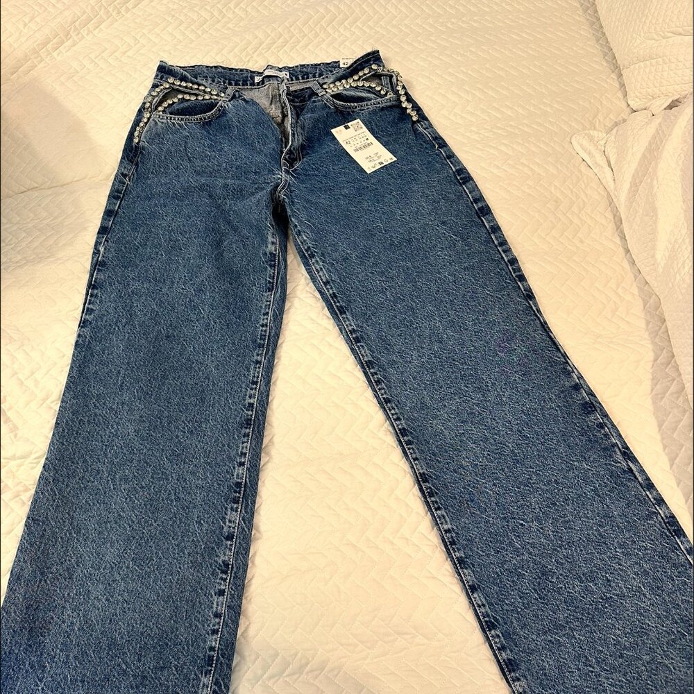 Zara Mid Waist Bejeweled Cut Straight Leg Jeans - Picture 2 of 5